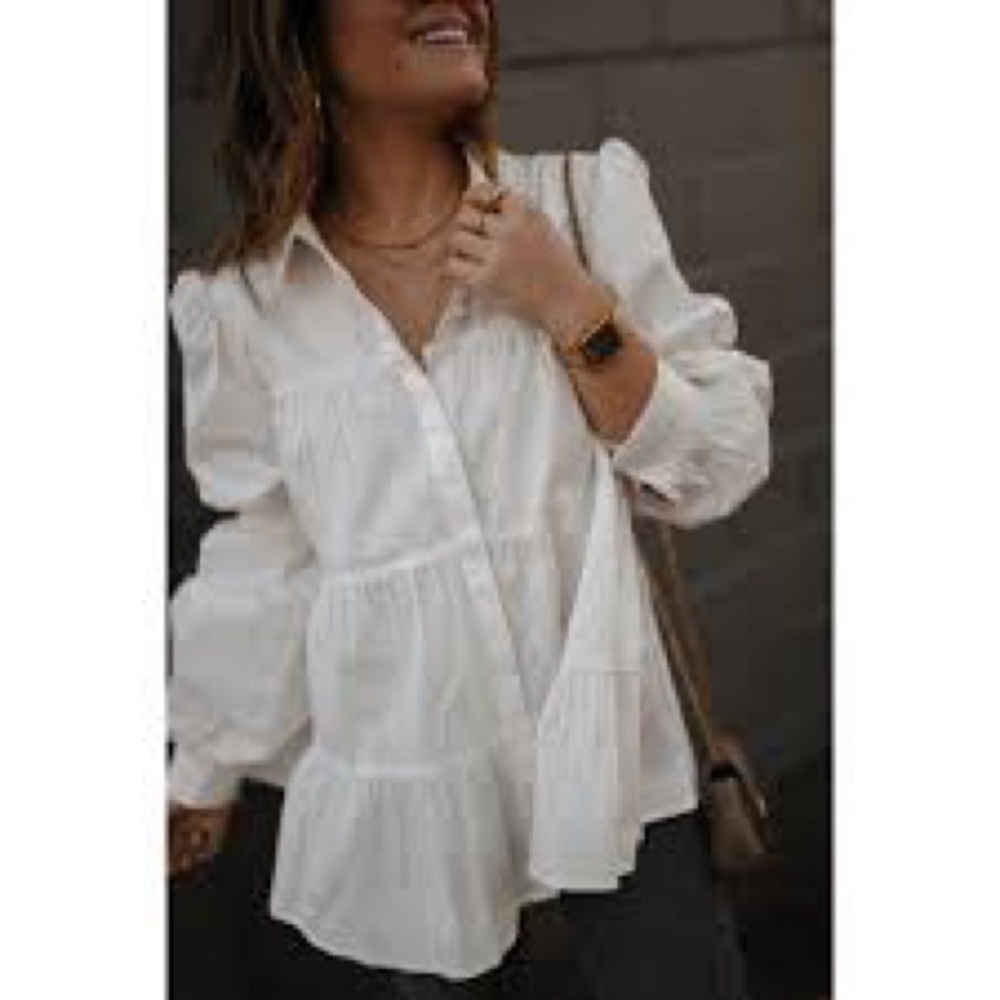 Zara Tiered Puff Sleeve Babydoll Blouse Ivory Romantic Cotton Top Quiet Luxury